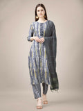 Jyoti Fashion Women's Grey Rayon Print with Embroidery & Fancy Lace Work Kurta with Trouser & Dupatta