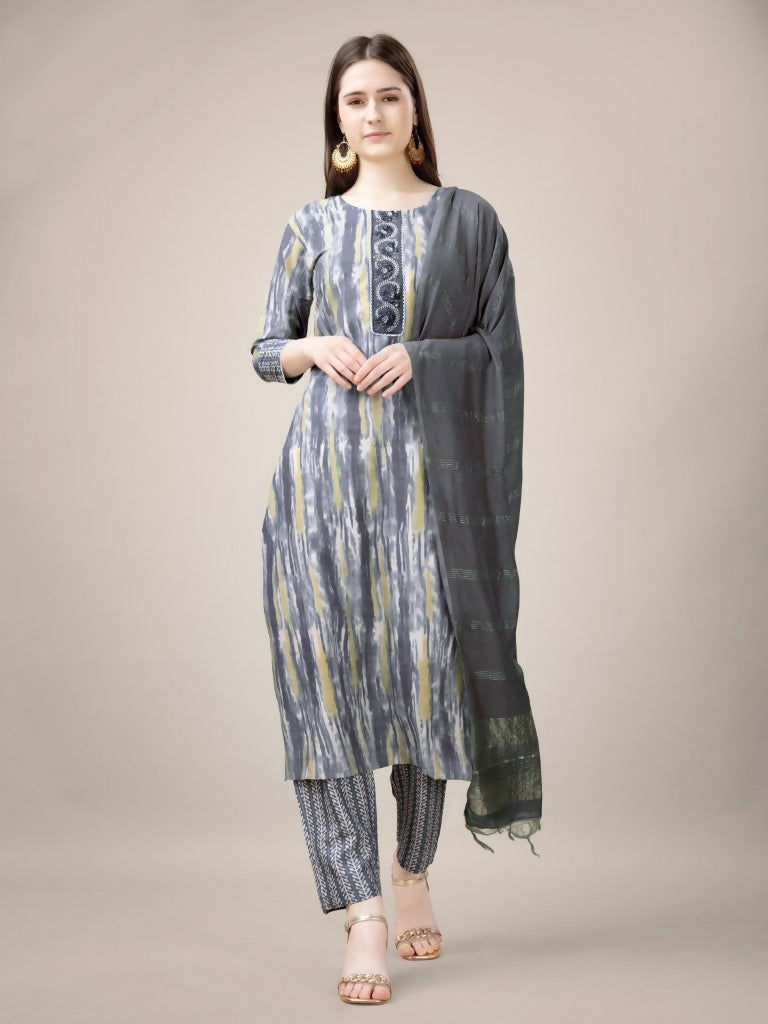 Jyoti Fashion Women's Grey Rayon Print with Embroidery & Fancy Lace Work Kurta with Trouser & Dupatta