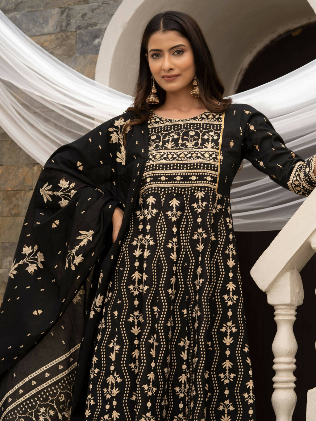 Black Cotton Cambric Printed with Sequins work Anarkali Kurta with Pant & Dupatta - Akashara
