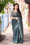 Green Linen Sequence Saree with Unstitched Blouse - Hiral Fashion