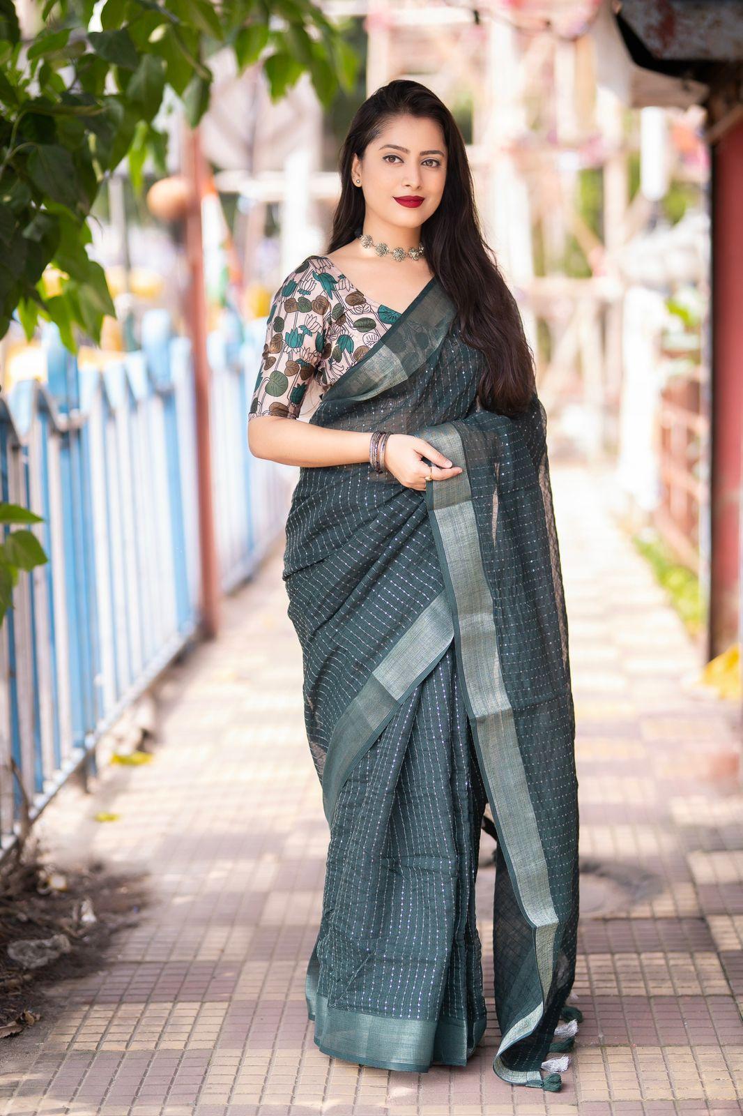 Green Linen Sequence Saree with Unstitched Blouse - Hiral Fashion