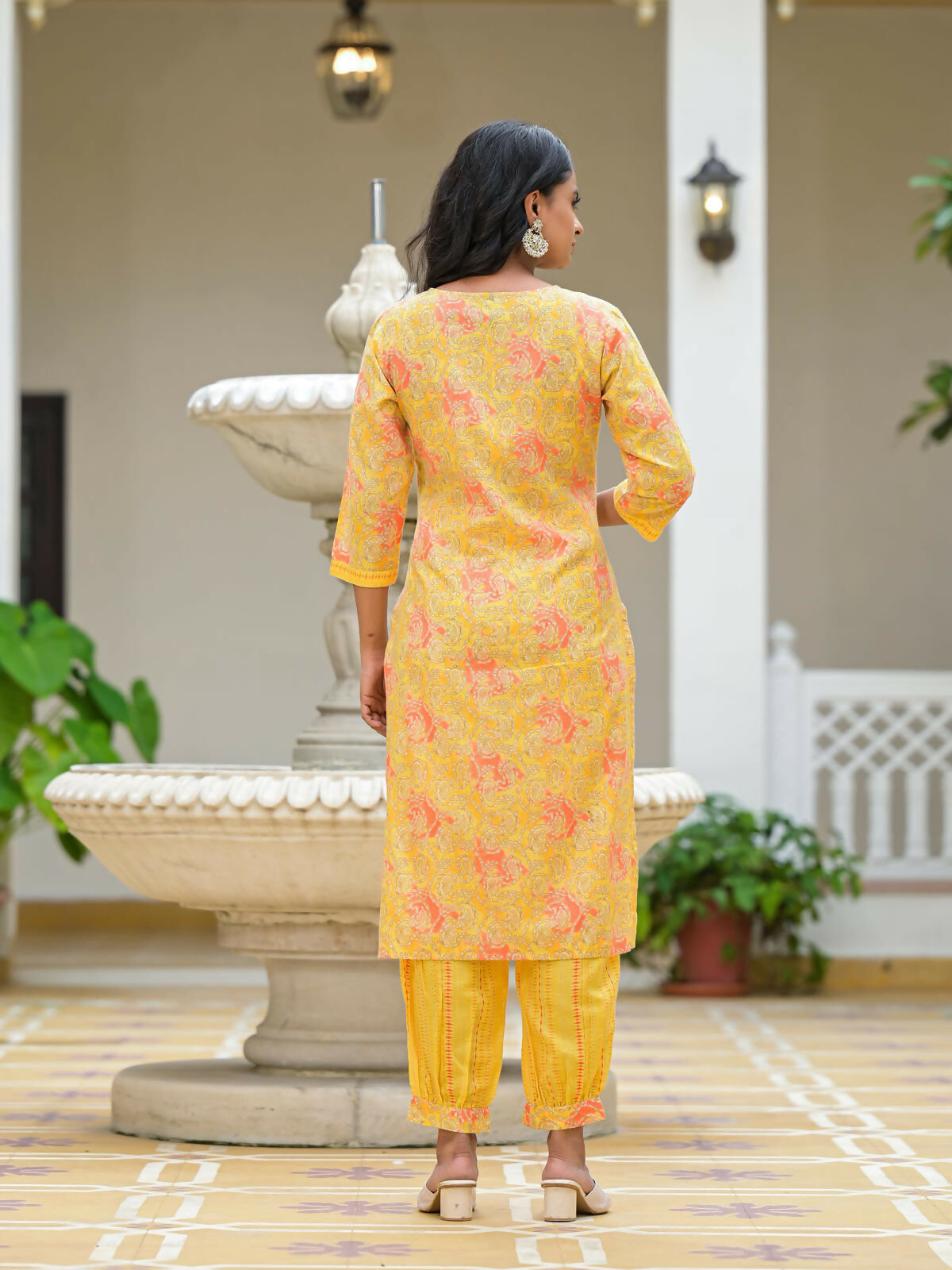 Juniper Women's Yellow Ethnic Motif Printed Cotton Kurta Pant With Dupatta Set With Sequins & Lace