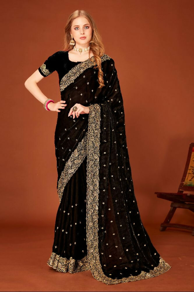 PR Fashion Black Fendi Two Tone Silk Heavy Zari Embroidery Work With Heavy Siroski Work Saree