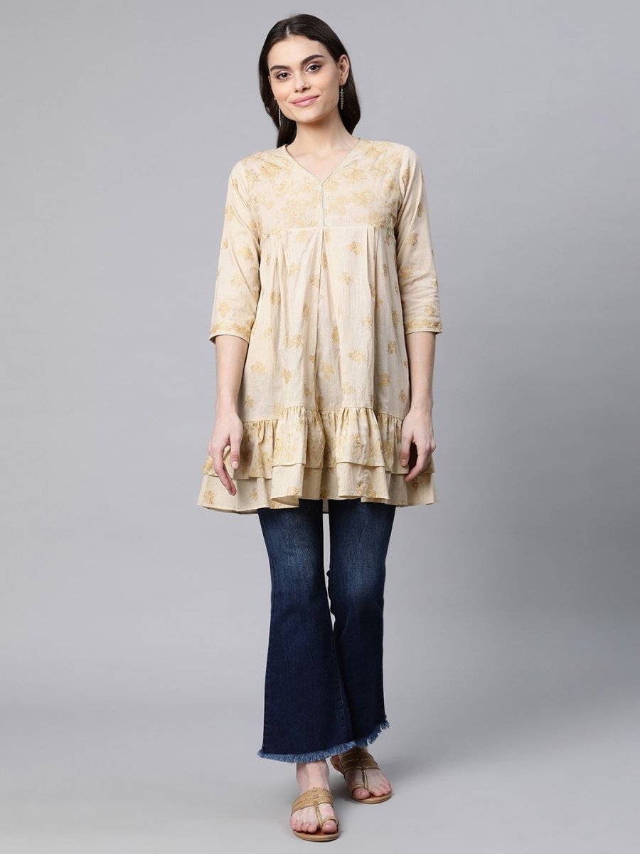 Ahalyaa Beige Cotton Gold Printed Tunic