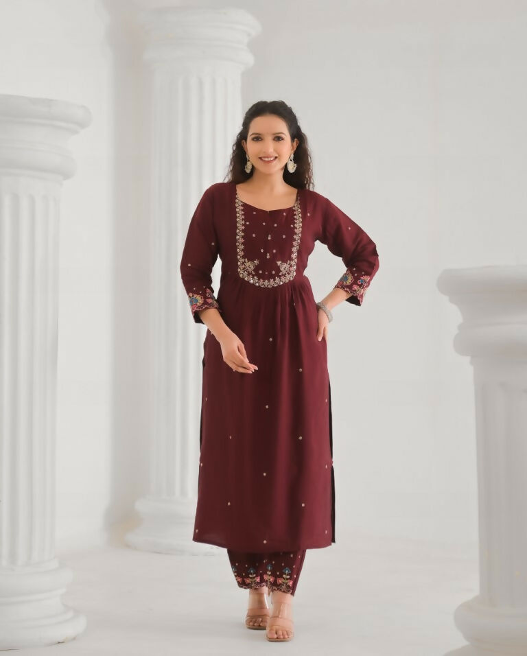 Festive Ethnic Viscose Chanderi Maroon Stitched Suit With Dupatta - Rashmika