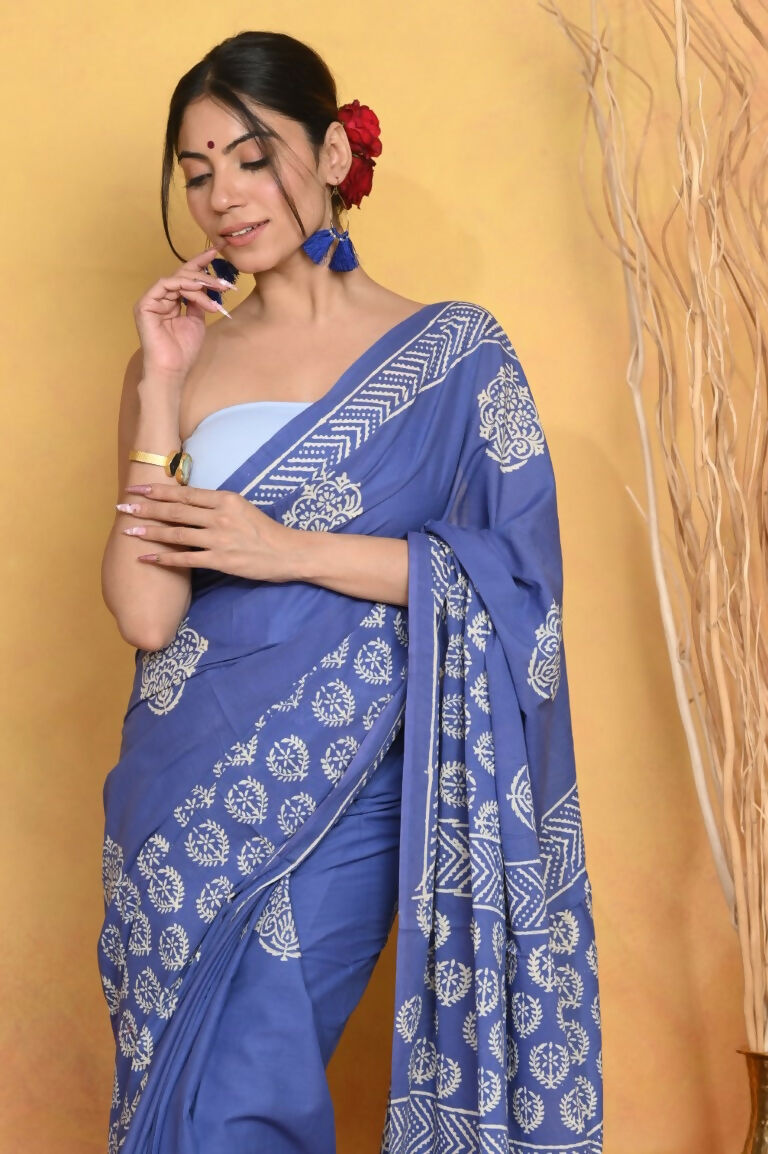 Very Much Indian Pure Cotton Handblock Printed Saree - Blue