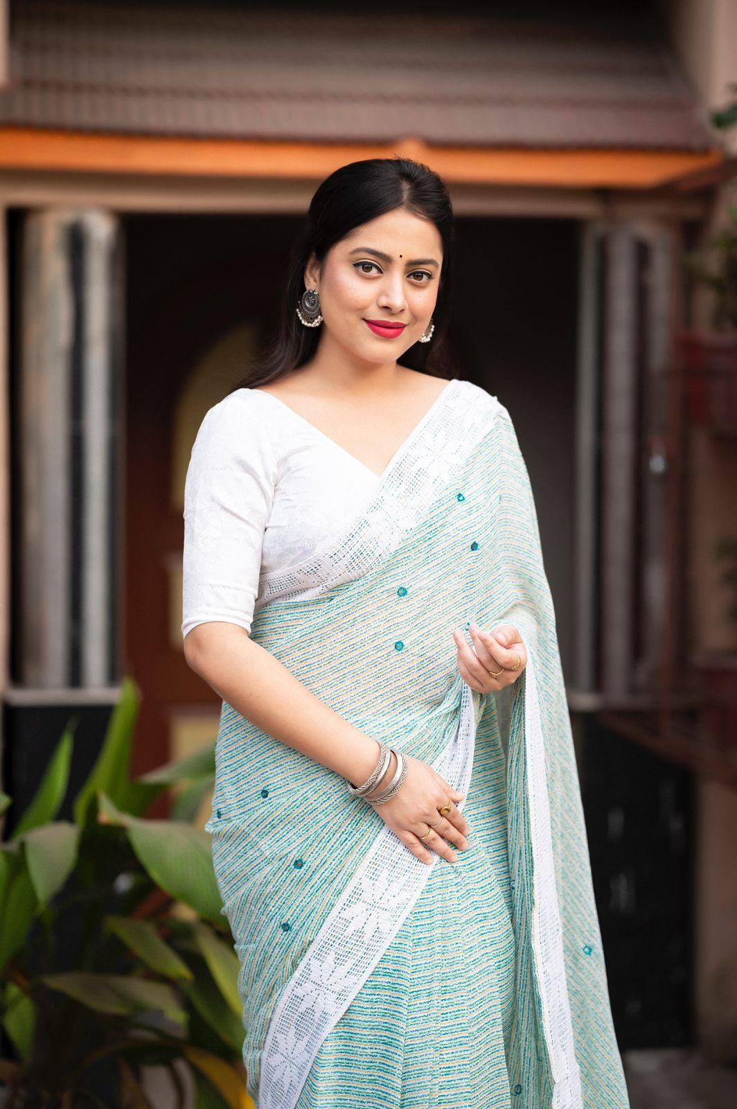 Blue Poly Georgette Ethnic Motifs Saree with Unstitched Blouse - Hiral Fashion