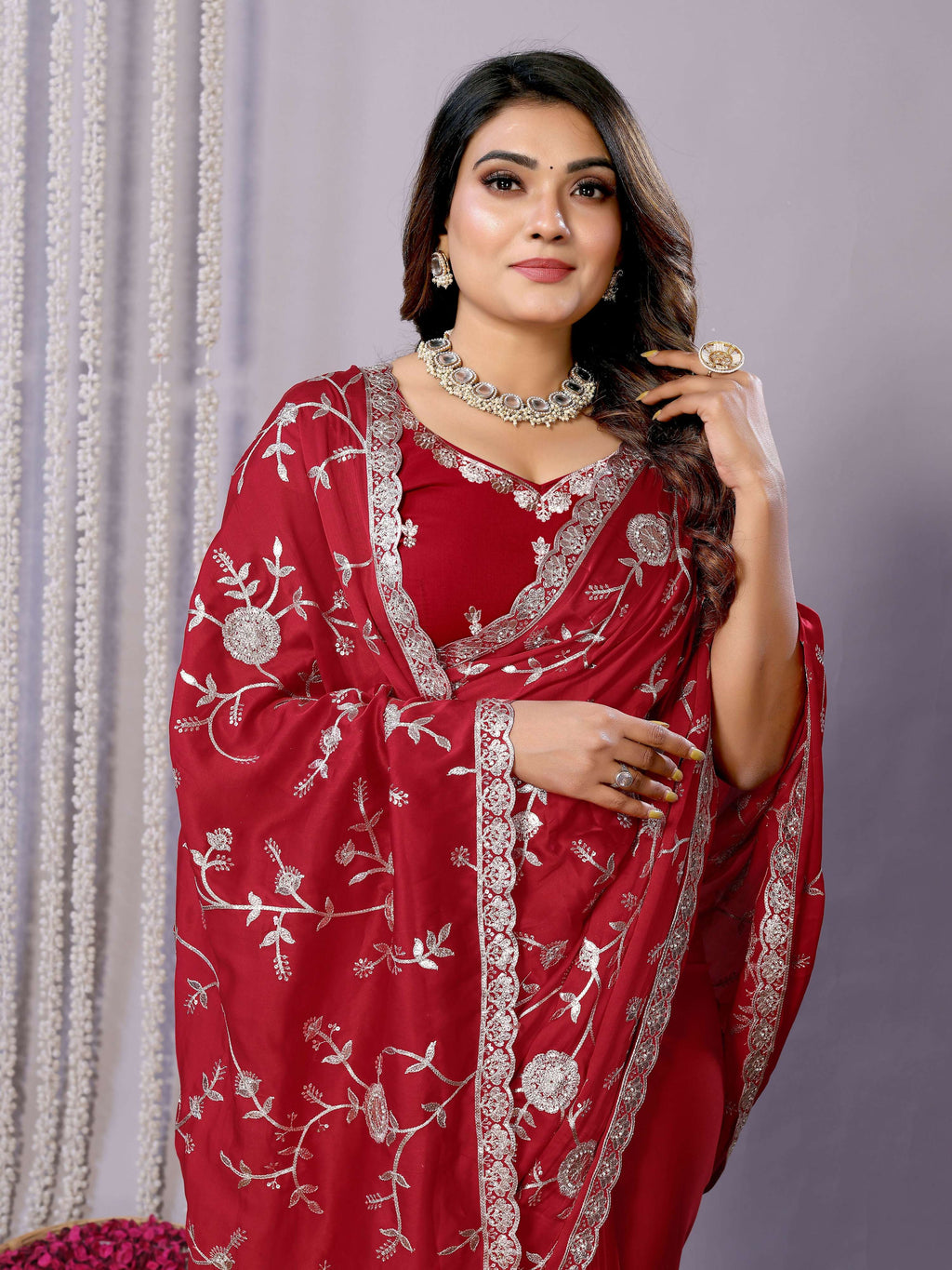 Red Pure Satin Embroidered Saree With Stitched Blouse - Nimaya Kaksha