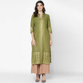Cheera Hand Block Print Military Color & Skin Color Straight Kurta With Palazzo (MAAI-076K)