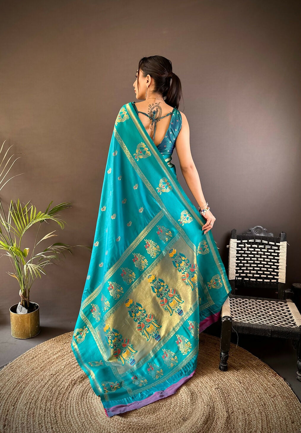 Joban Fashion Teal Meenakari Weaving Paithani Sarees