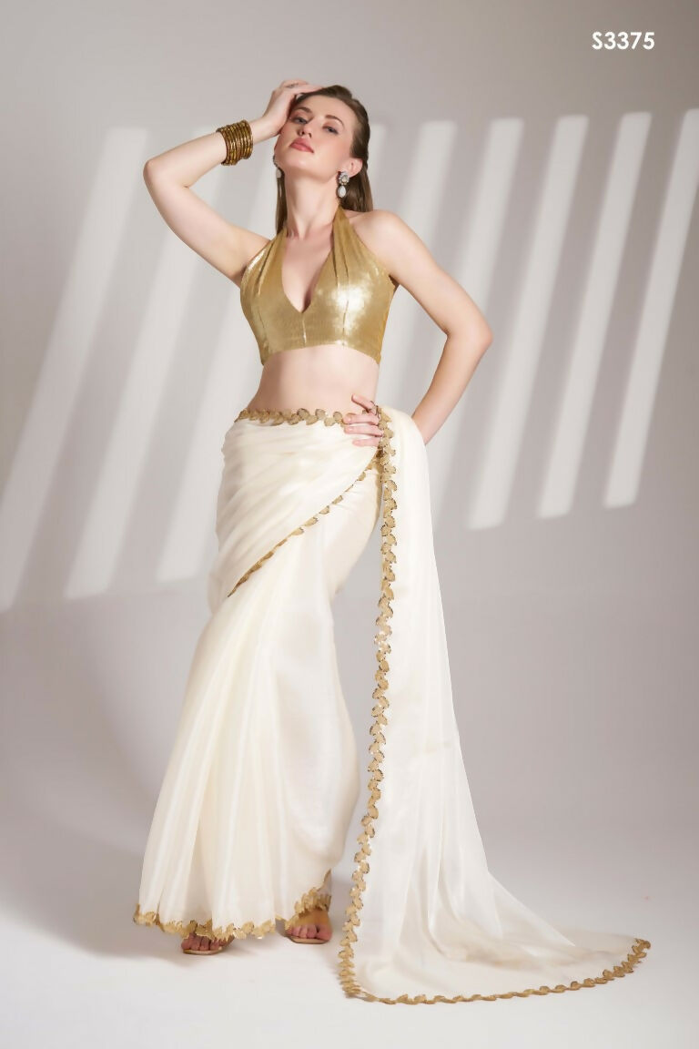 White Burberry Organza Solid Fancy Designer Saree - Nafisa