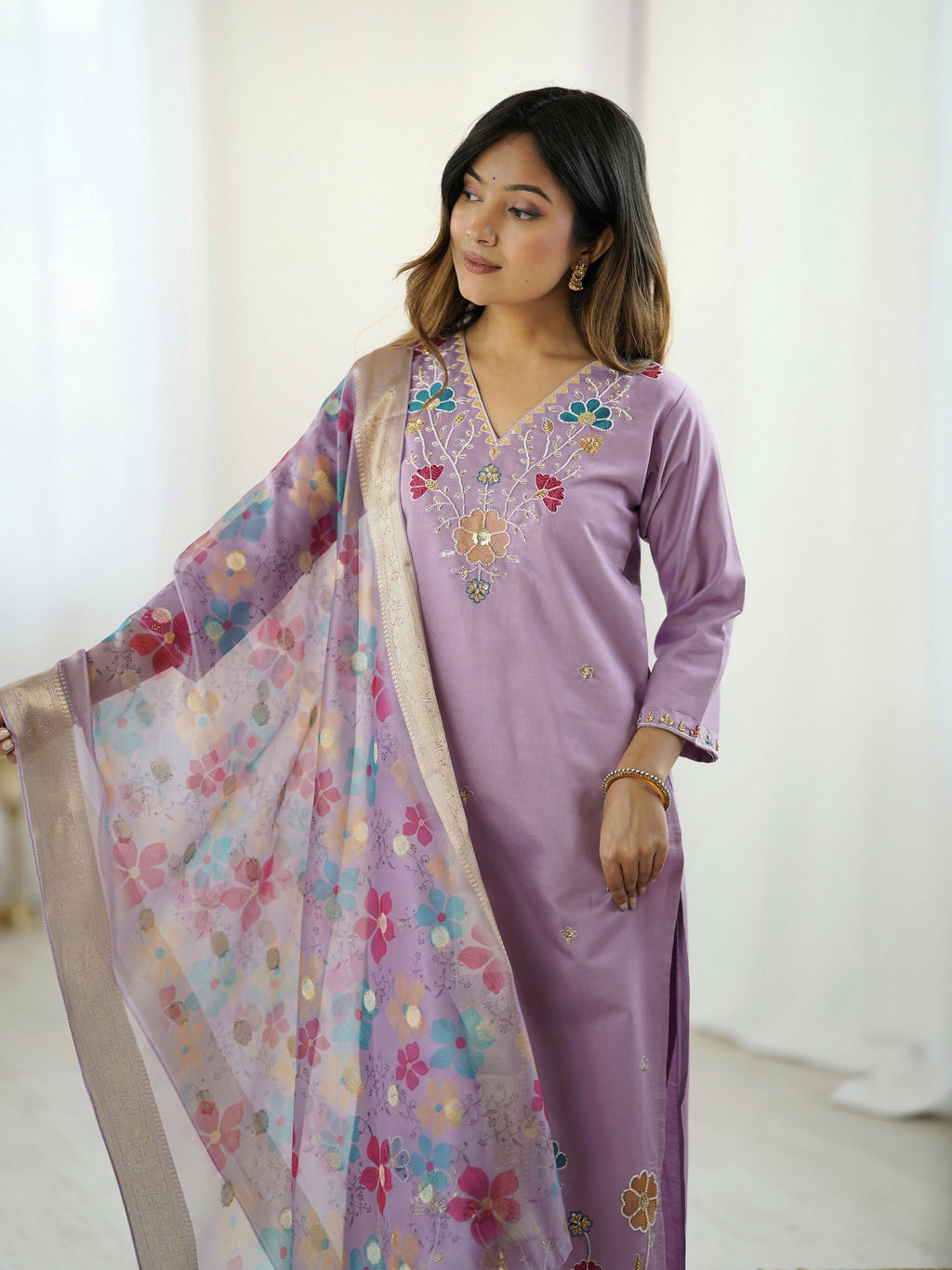 The52 Lavender Women's Gorgeous Embroidered work Viscose Gadhwal Fabric Straight Kurta, Pant and Dupatta Set