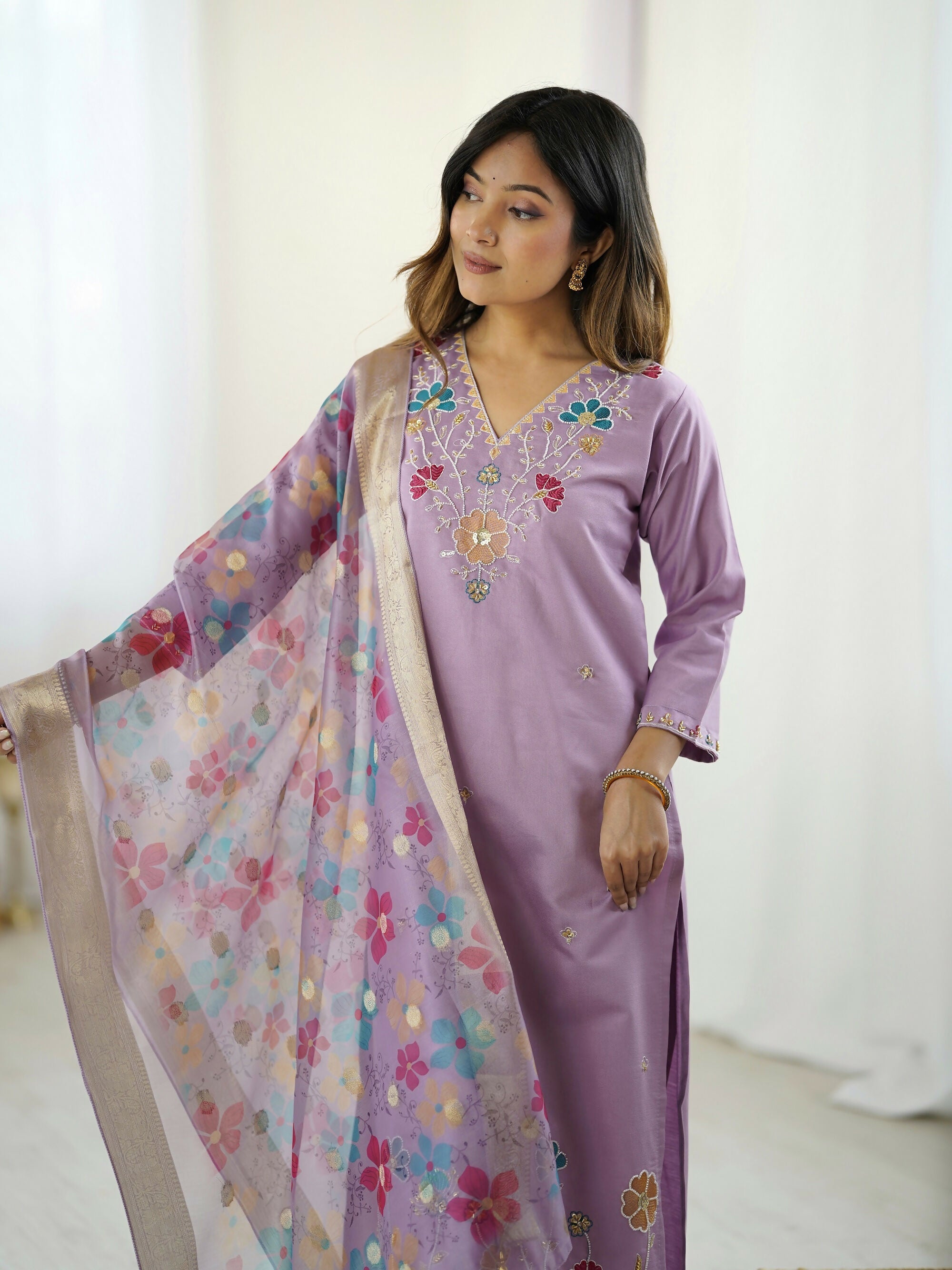 The52 Lavender Women's Gorgeous Embroidered work Viscose Gadhwal Fabric Straight Kurta, Pant and Dupatta Set