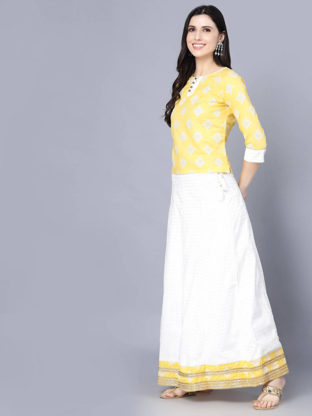 Myshka Yellow White Printed Ready to Wear Lehenga