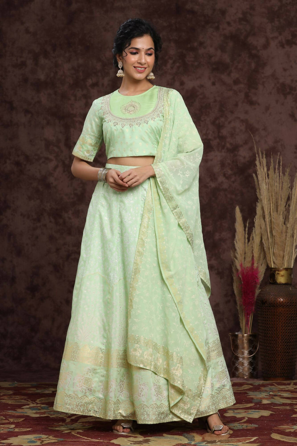 Juniper Women Mint Shantoon Embroidered Flared Lehenga Choli Sets