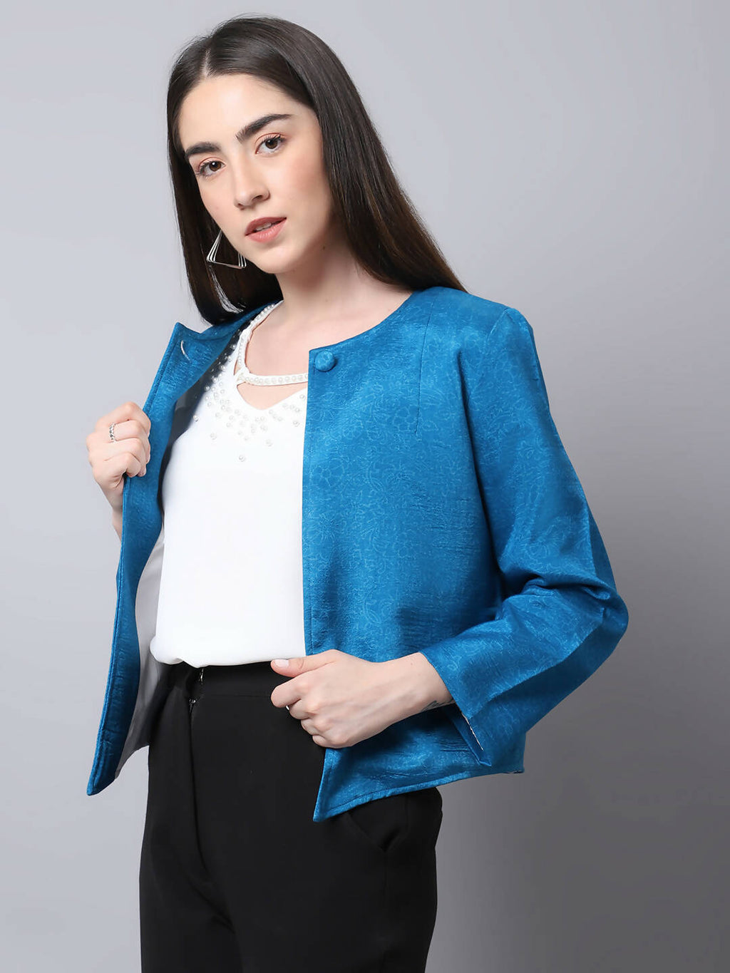 Even Apparels Blue 100% Viscose Open Front Statement Women's Jacket
