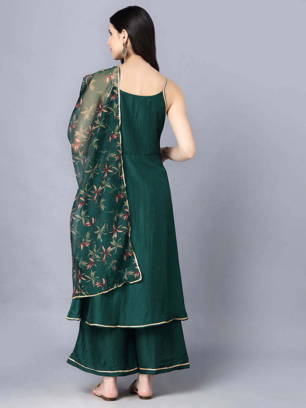 Myshka Women Green Ethnic Motifs Yoke Design Panelled Kurti with Sharara With Dupatta