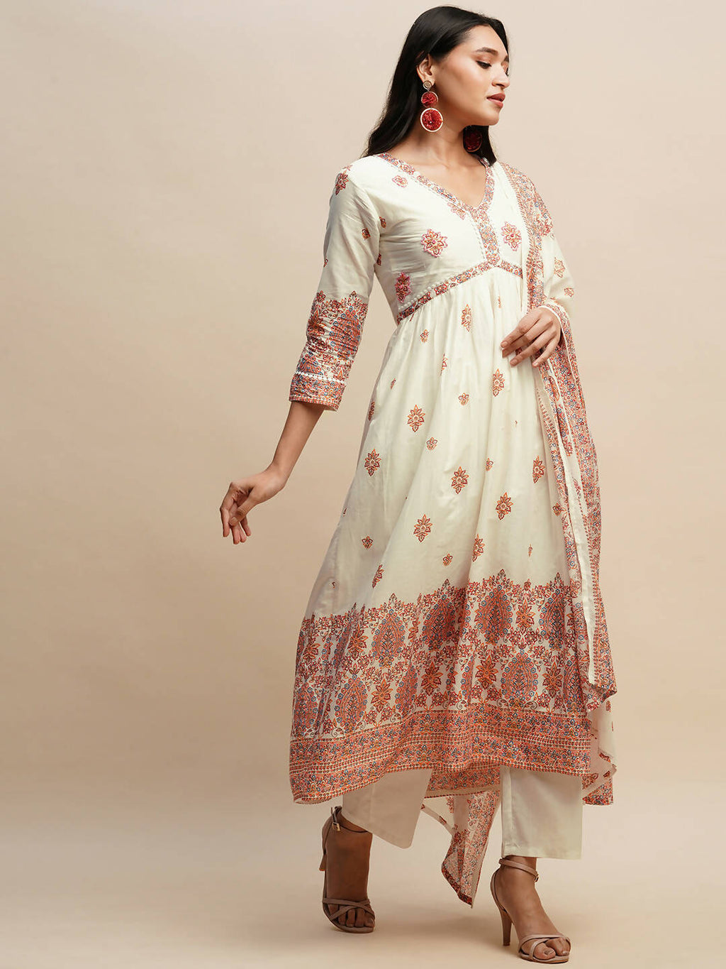 White And Peach Pure Cotton Floral Printed Anarkali Kurta And Bottom With Dupatta - Akashara