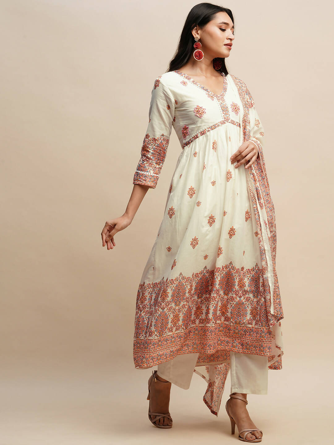 White And Peach Pure Cotton Floral Printed Anarkali Kurta And Bottom With Dupatta - Akashara