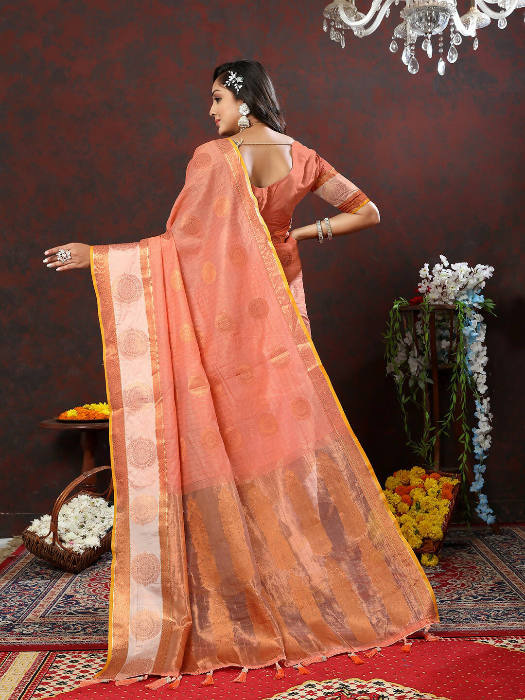 Lorenvalley Fashion Peach Cotton with Woven Design Zari Weaving Saree