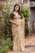 Olive Pure Linen Ethnic Motifs Saree with Unstitched Blouse - A2M