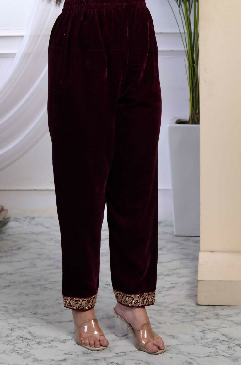 Miravan Women's Wine Embroidered Velvet Co-ord Set