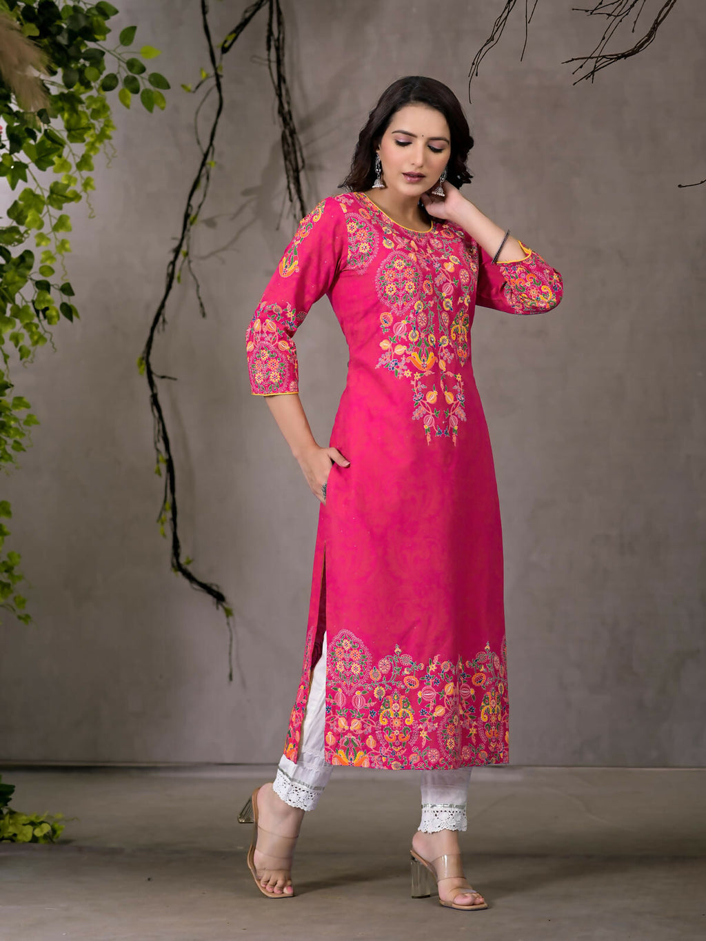 Juniper Women's Pink Thread Embroidered Liva Rayon Kurta With Sequins & Beads