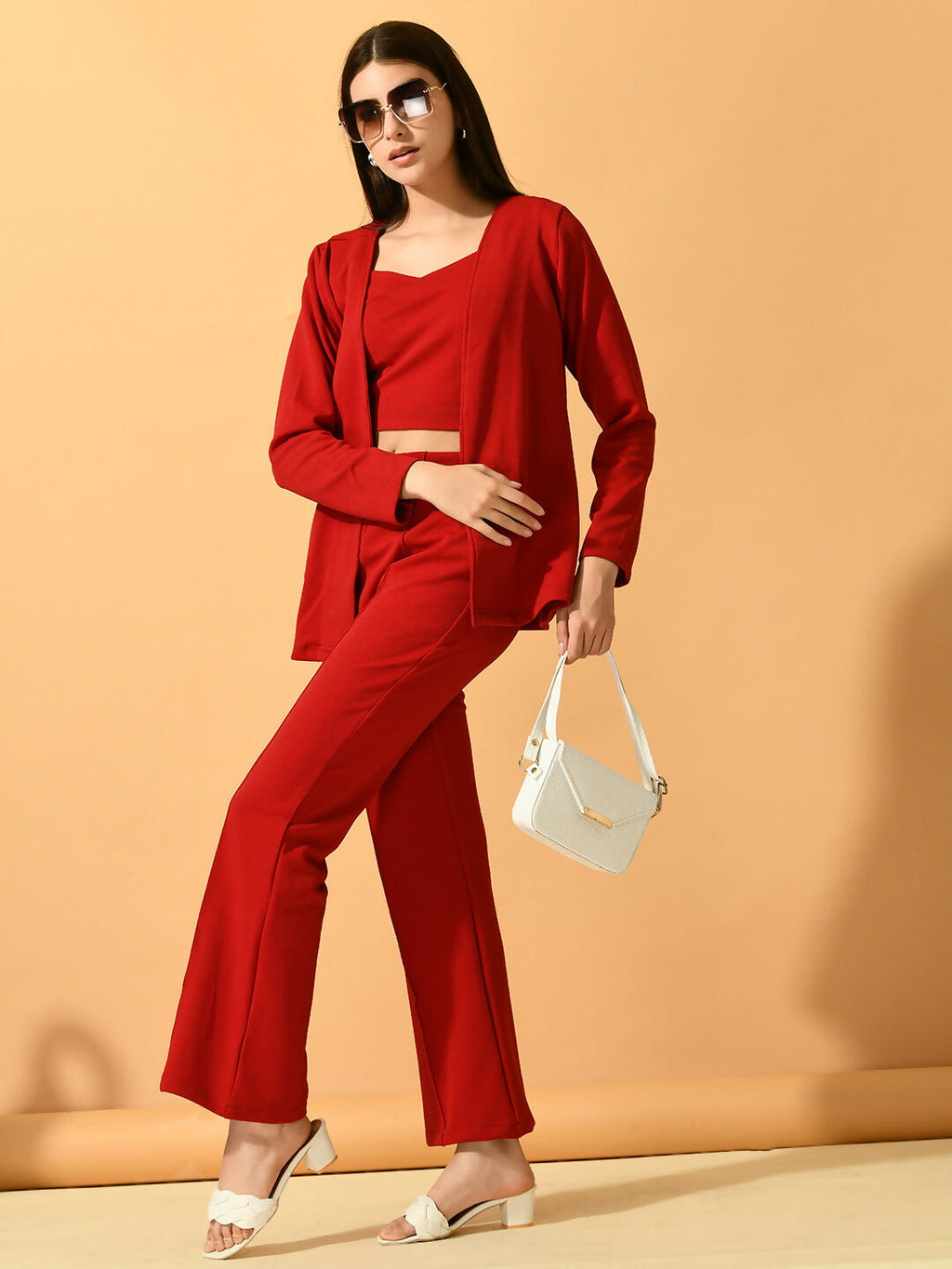Myshka Women's Red Solid Coat With Trousers