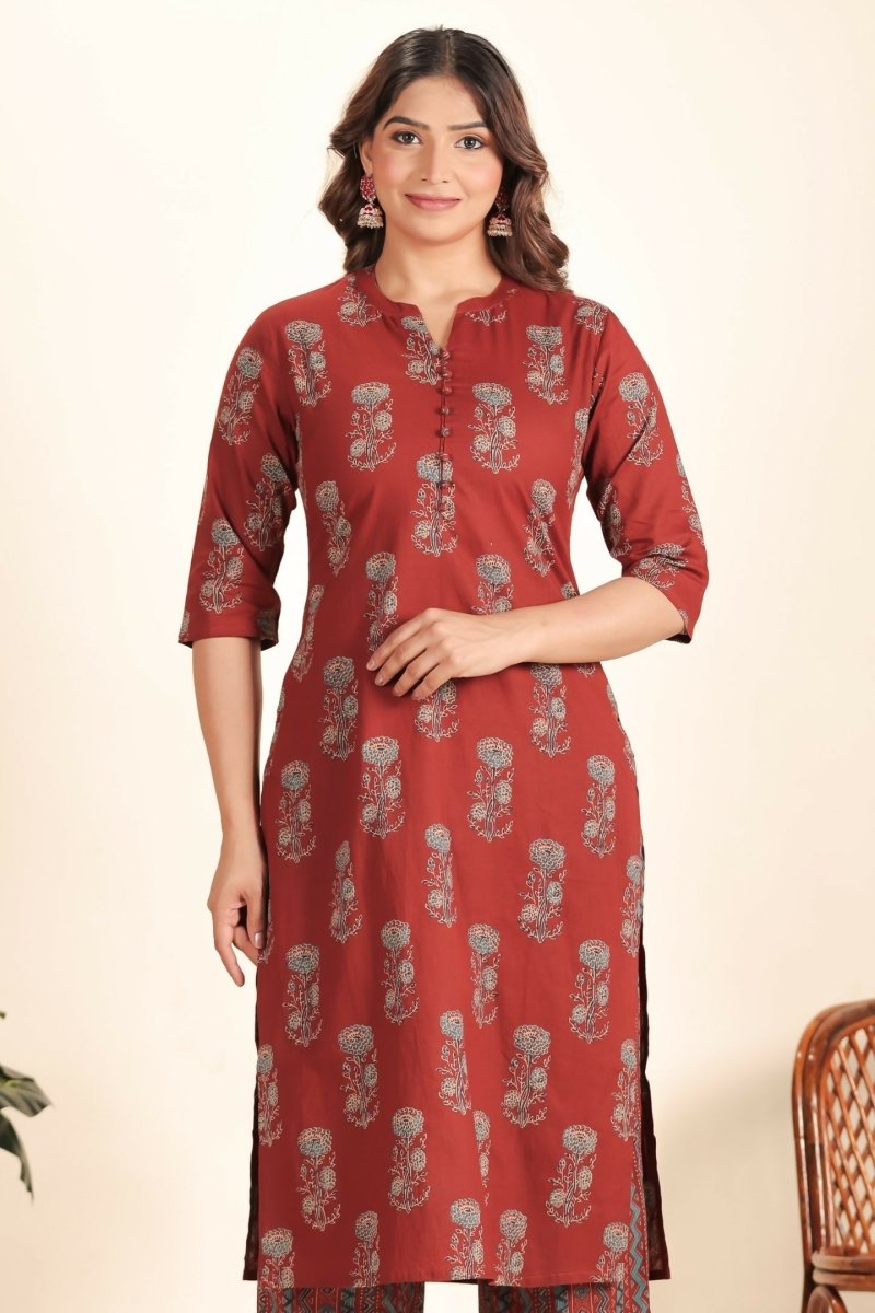 Aramya Maroon Soft Cotton Floral Straight Kurta for Women