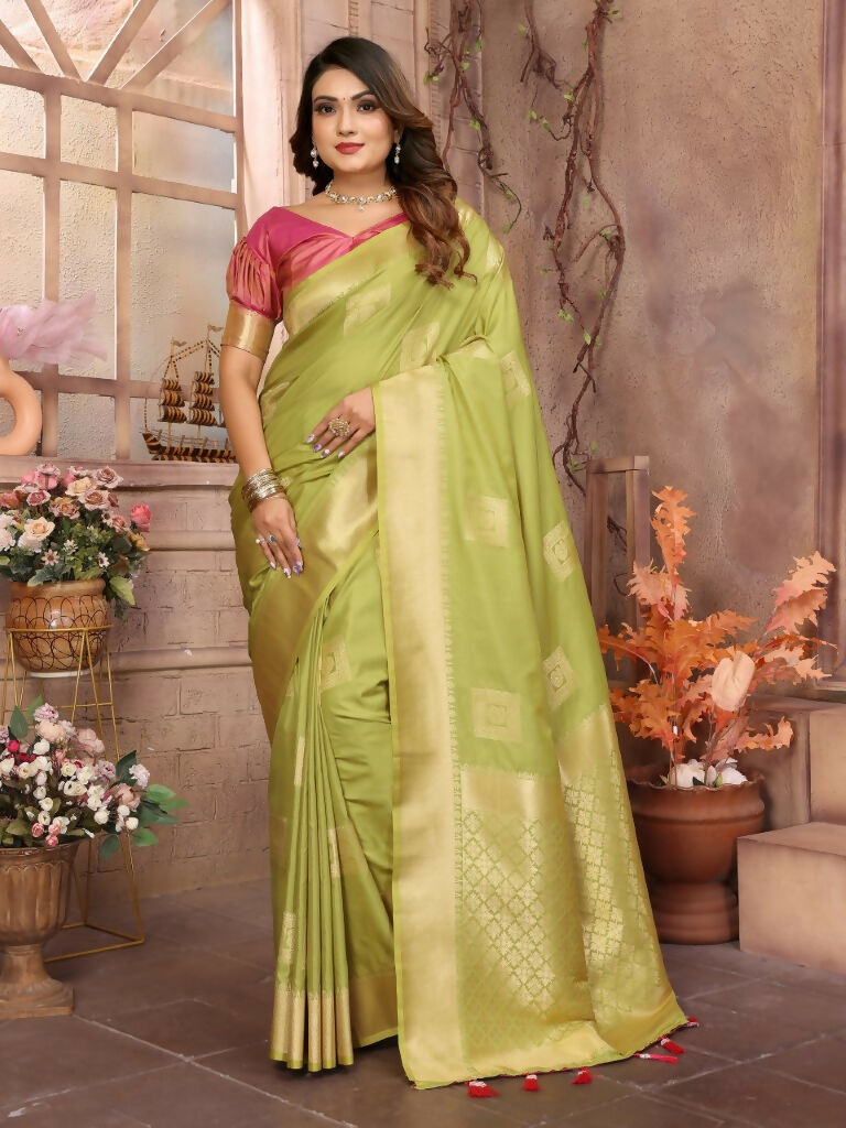 Anaita Light Green Soft Silk With Zari Weaving Borders Saree With Blouse