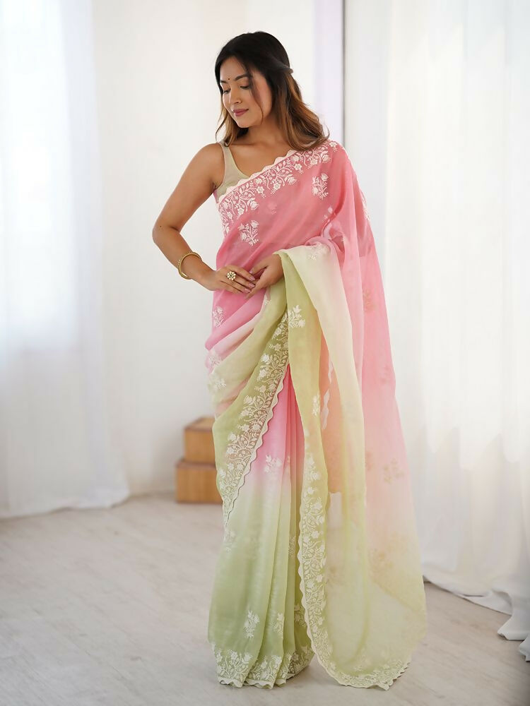 Pink Crunchy Silk Embroidery WorkParty Wear Saree - Lakshita