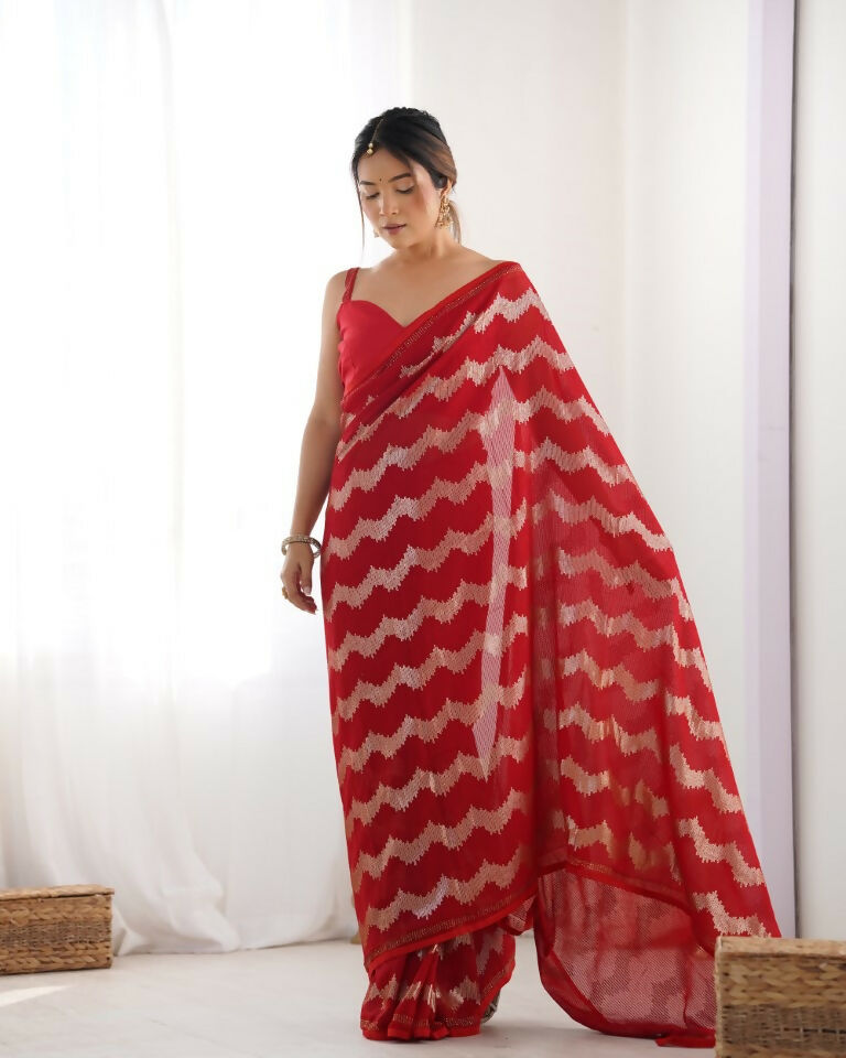 Red Georgette Sequance Embroidery Work Border Saree - Sitare