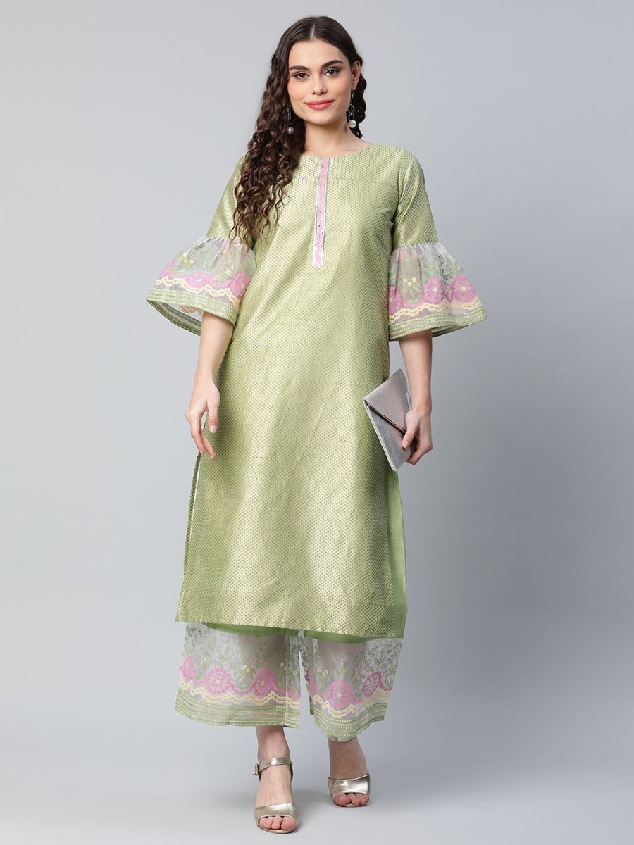 Ahalyaa Women's Light Green Poly Silk Gold Printed Kurta Palazzo Set