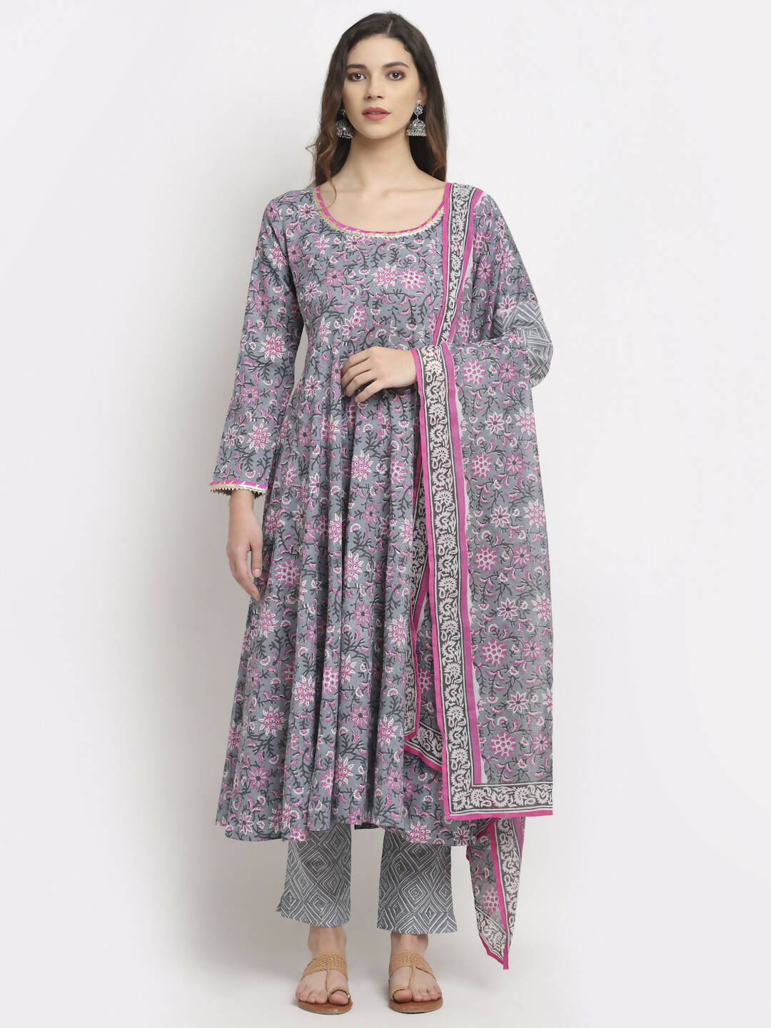Rudra Bazaar Grey Printed Anarkali Suit Set With Dupatta