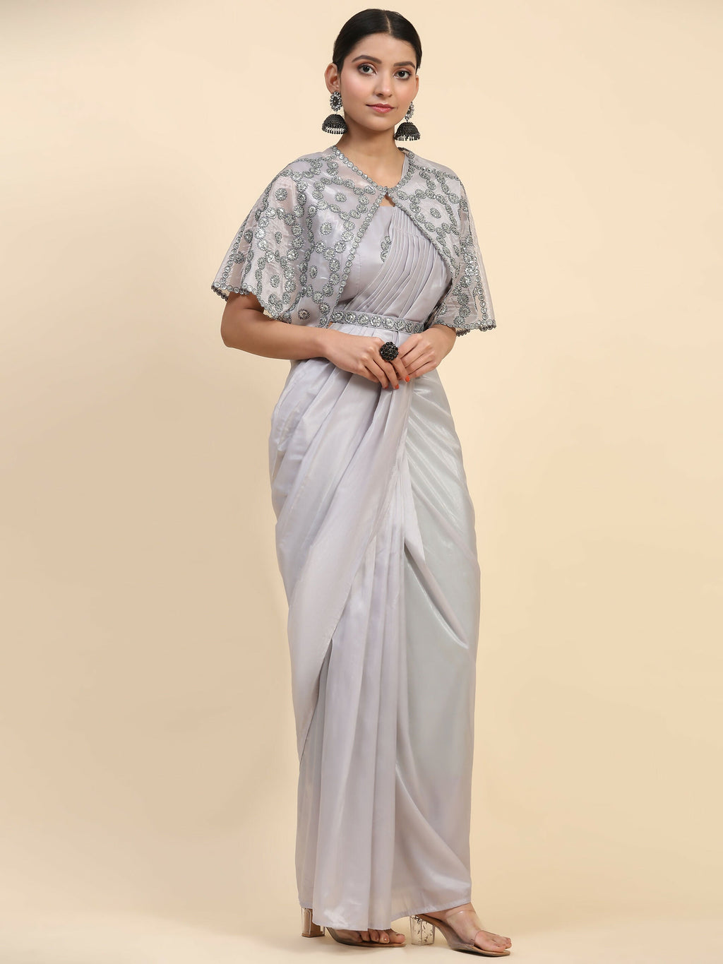 Grey Satin Solid Ready to wear Saree with stitched Blouse - Vanita
