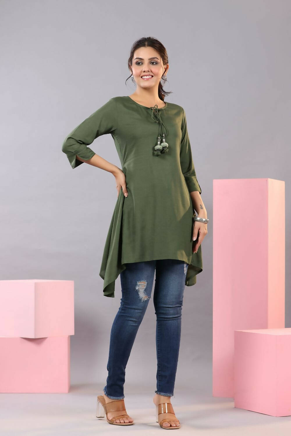 Juniper Women Olive Rayon Solid Asymmetric Kurta
