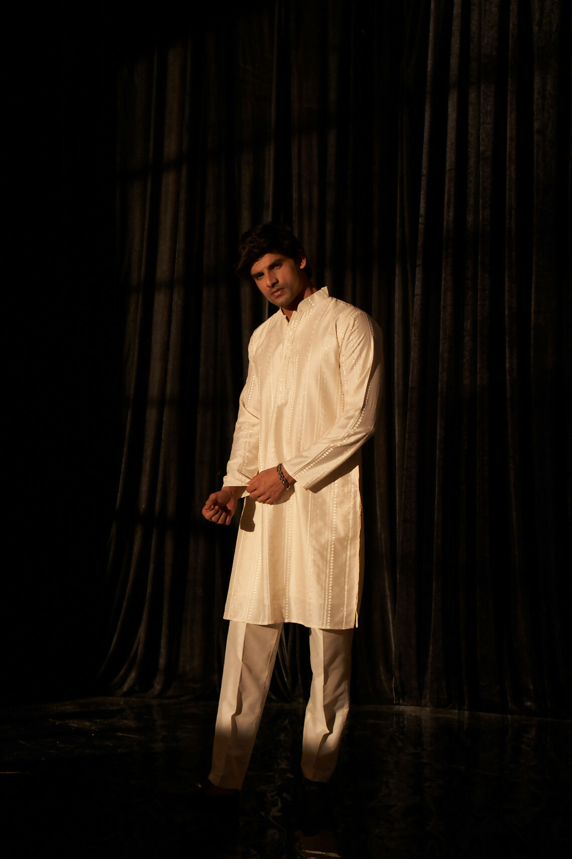 Off White Silk Designer Embroidery Work Men's Kurta Set - Mahotsav