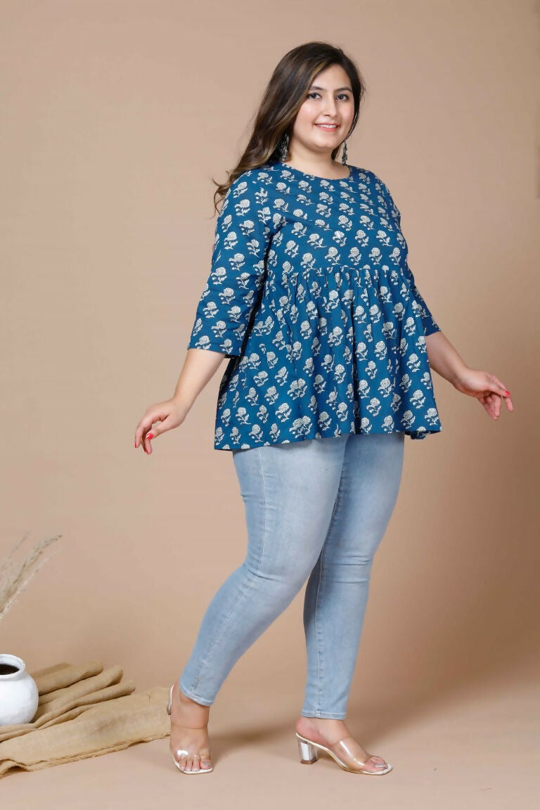 Miravan Women's Blue Plus Size Cotton Floral Printed Short Kurti