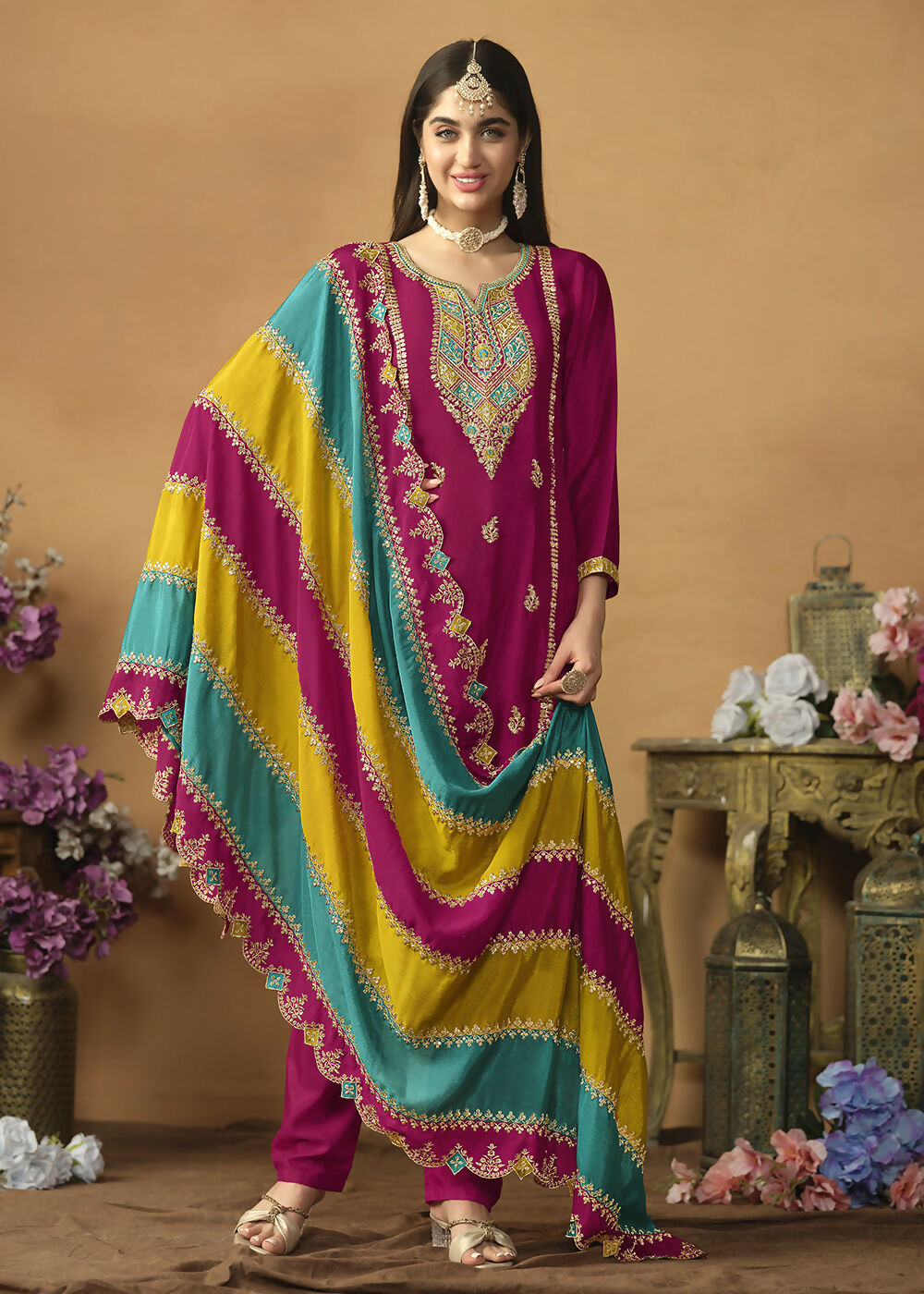Chinnon Silk Pink Salwar Suit with Multicolor Dupatta - Emponline
