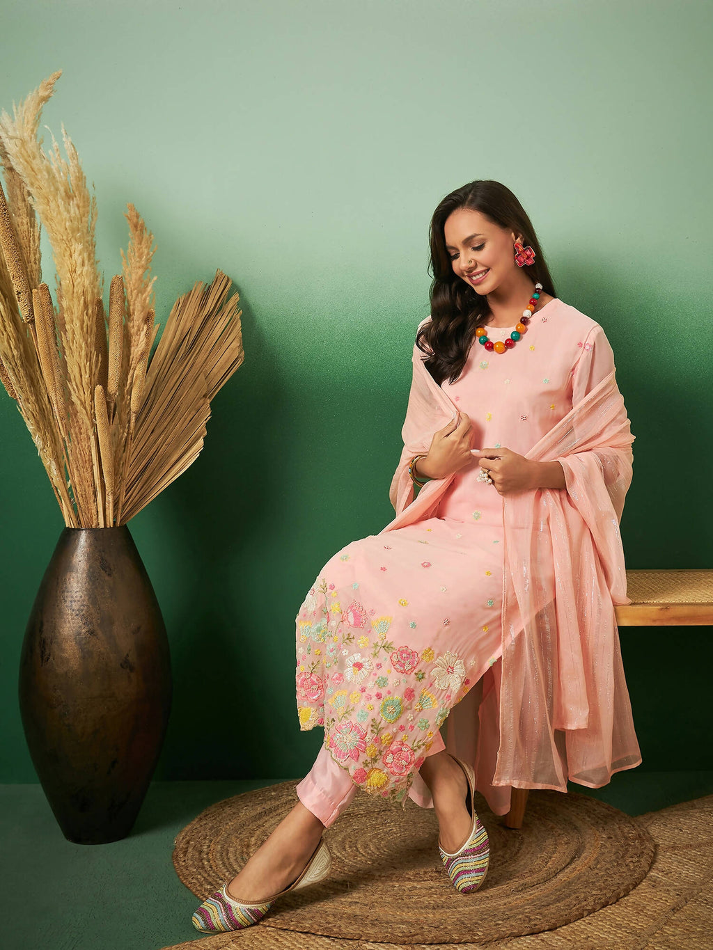 Peach Georgette Handwork Unstitched Dress Material - Hanika