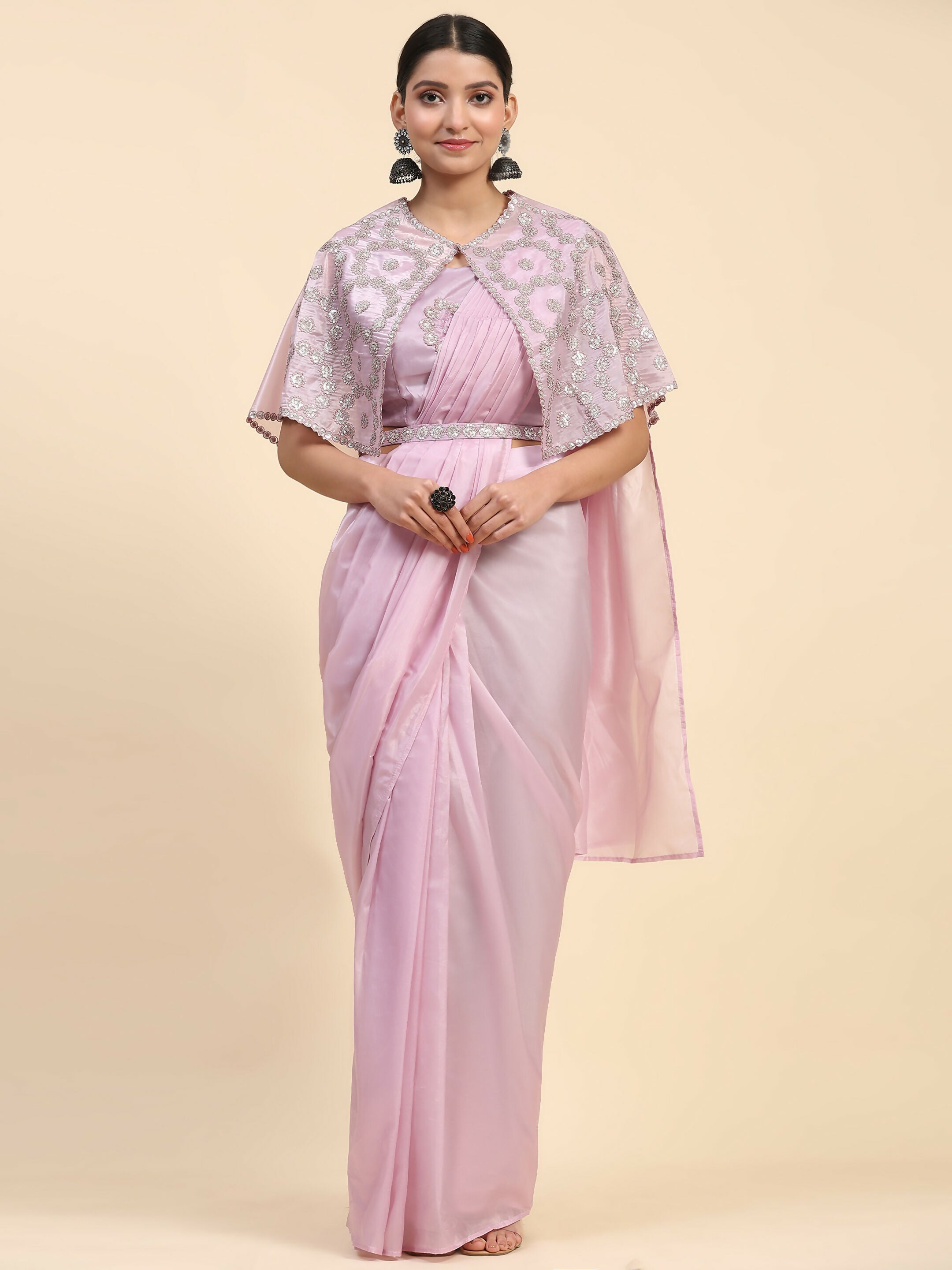 Light Lavendar Satin Solid Ready to wear Saree with stitched Blouse - Vanita