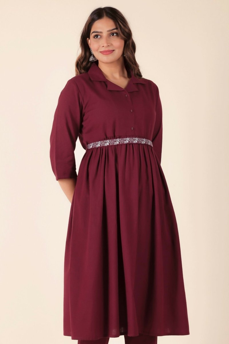 Aramya Maroon Linen Cotton Solid A-line Kurta for Women