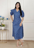 Miravan Womens Floral Print Blue Collar-Neck Puff Sleeves A-Line Maxi Dress