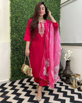 The52 Rani Women's Beautiful Viscose Chanderi Fabric Embroidered Work Straight Kurta Pant and Dupatta Set