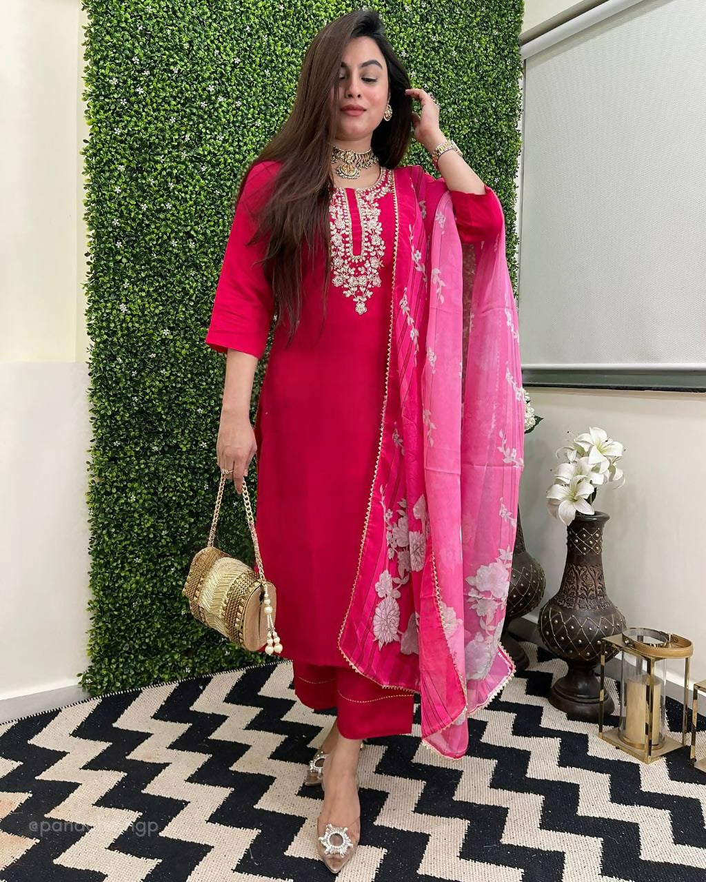 The52 Rani Women's Beautiful Viscose Chanderi Fabric Embroidered Work Straight Kurta Pant and Dupatta Set