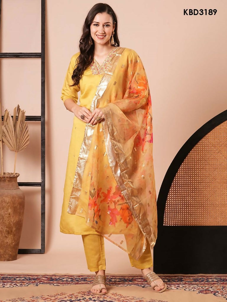 Yellow PV Chanderi Embroidery Work,Printed Kurta Set - Riya