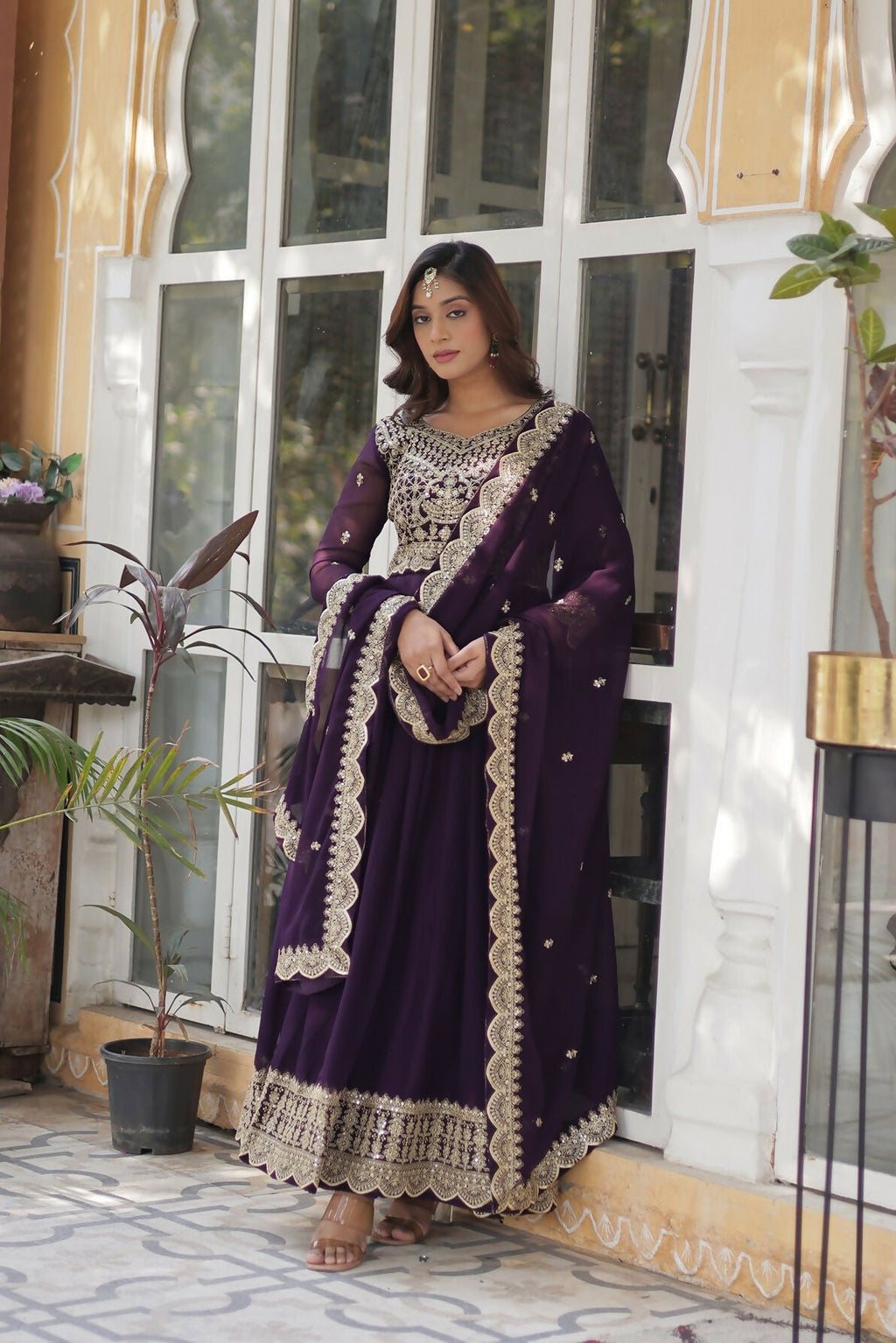 Joban Fashion Wine Georgette Sequence Embroidery Work Kurta Set