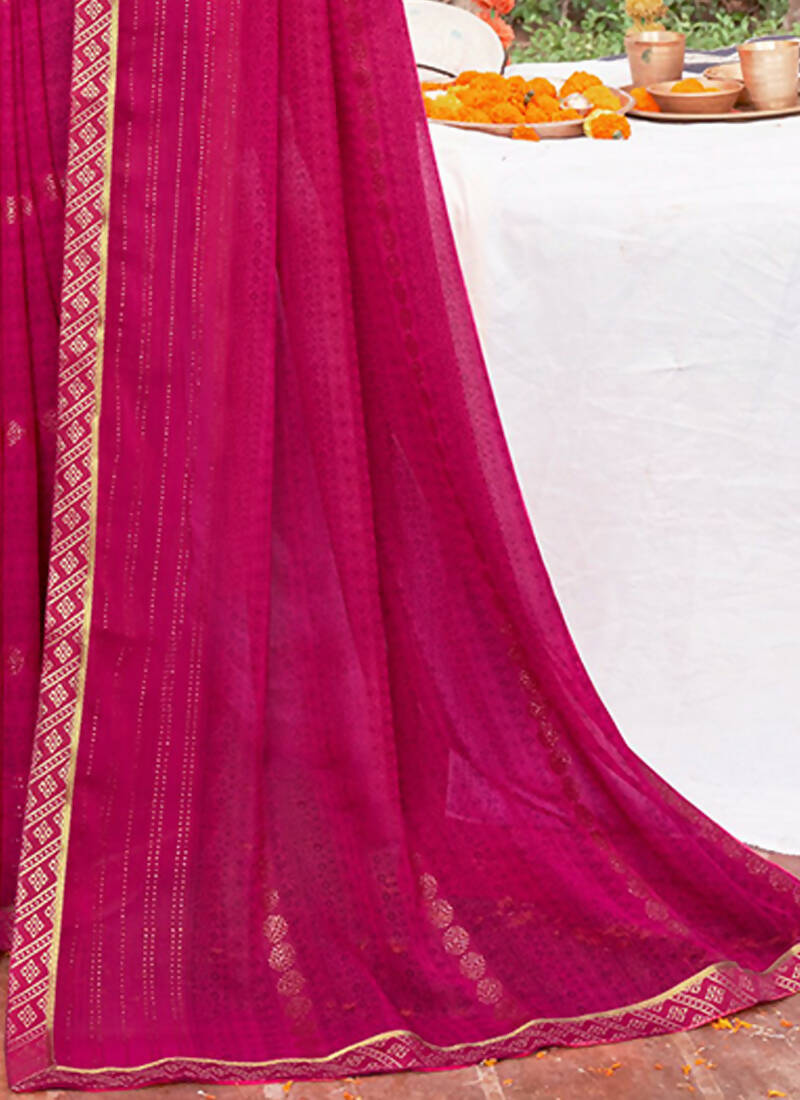 Pink Georgette Foil Printed Saree with Unstitched Blouse Piece - Avika