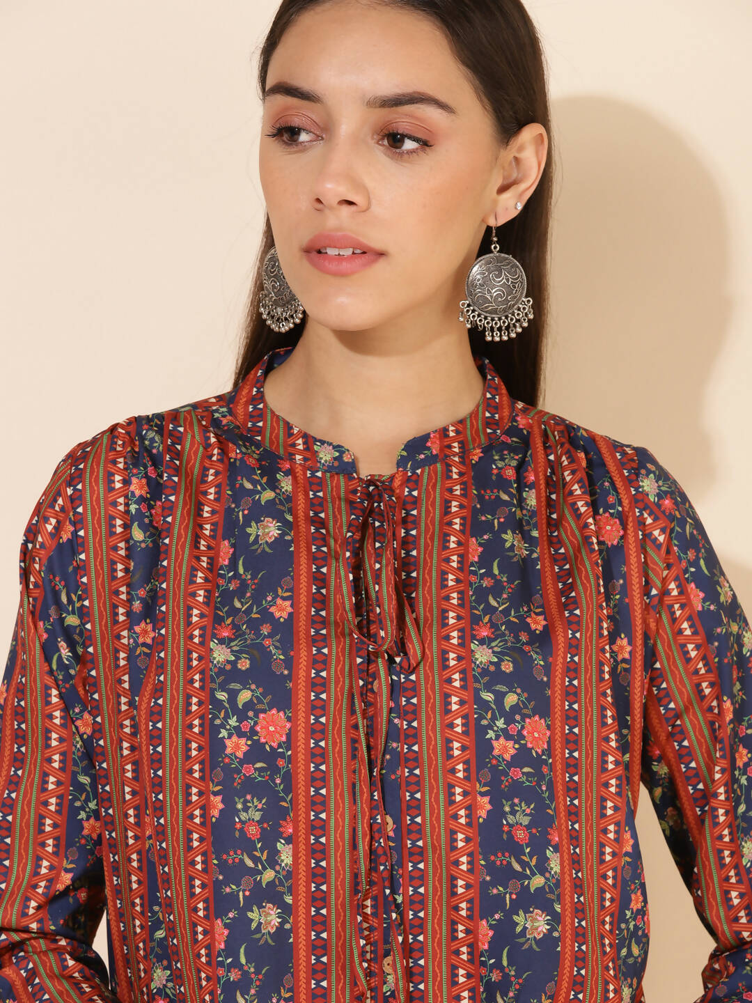 Janasya Women's Blue Crepe Digital Floral Printed Festive A-line Co-ords