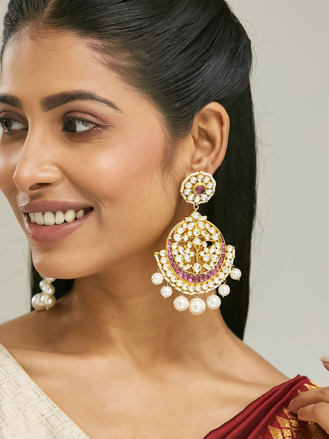 Nuyug 22K Gold-Plated Elegant Ruby & Kundan Stone Studded With Pearl Beaded Floral Chandbalis